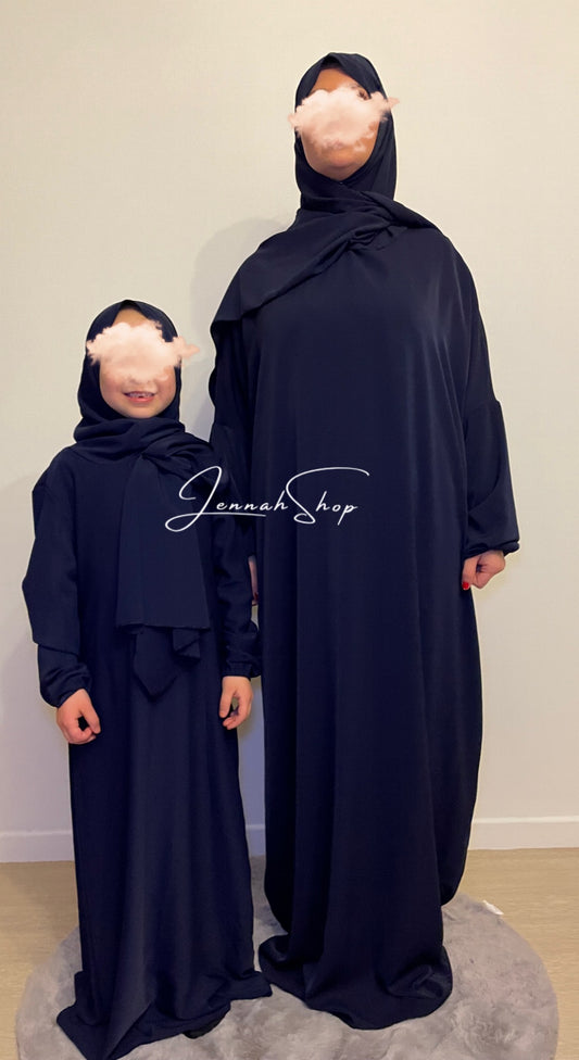 Abaya hijab intégré fille Bleu marine